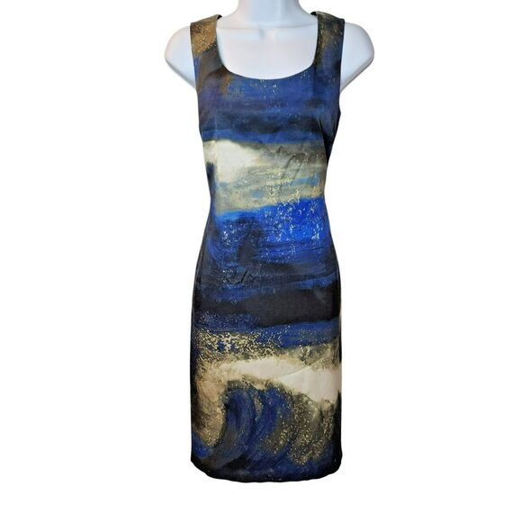 Lafayette 148 New York Dress Size 4 Sheath Abstract Print Blue Black Gold EUC - Picture 1 of 6